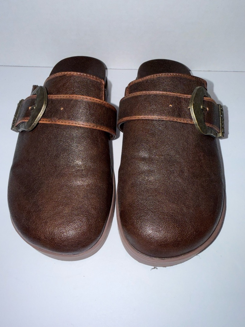 Brown Leather Slip-On Clogs with Buckle